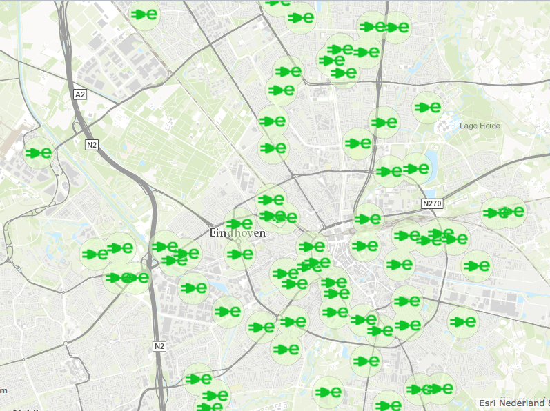 Eindhoven telt nu al 75 laadpalen. Klik op de foto voor een interactieve versie van deze kaart