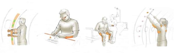  Illustrationen von möglichen Anwendungen von Exoskeletten in Produktion, Logistik und Pflege (c) Pixelatelier Peters - Forschernachwuchsgruppe smartASSIST