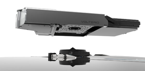 Die Ladestation von Volterio befindet sich auf dem Boden des Parkplatzes und wird automatisch mit der Fahrzeugeinheit verbunden.