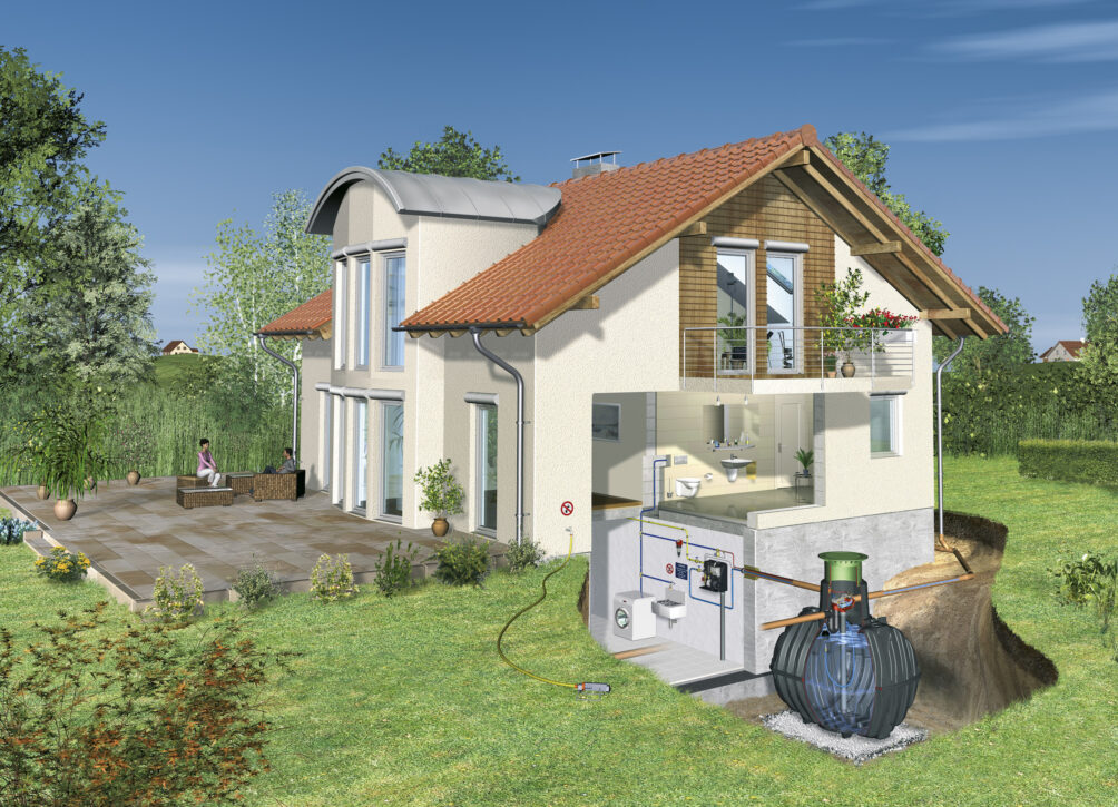 Graphic showing house with attached rainwater capturing system