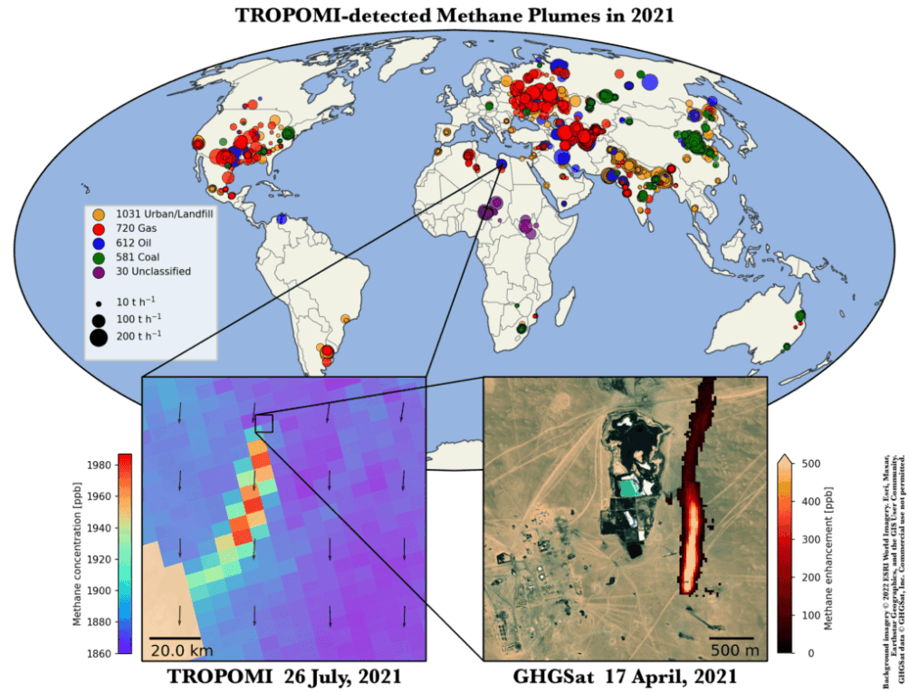 Overzicht van alle methaanpluimen van super-uitstoters die TROPOMI in 2021 heeft gedetecteerd. Linksonder: TROPOMI detecteert een methaanpluim boven een olie-exploitatie gebied. Rechtsonder: Een GHGSat-waarneming, gedaan op basis van eerdere TROPOMI-detecties in het gebied, onthult emissies van een niet-aangestoken fakkel.